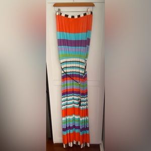 Multi colored Maxi w/braided belt. Fiesta colors (orange white teal brown) Slit